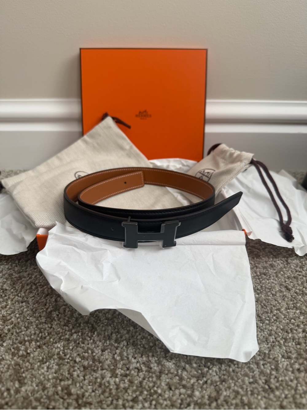 HERMES Swift Epsom 24mm Constance H Belt 70 So Black Gold